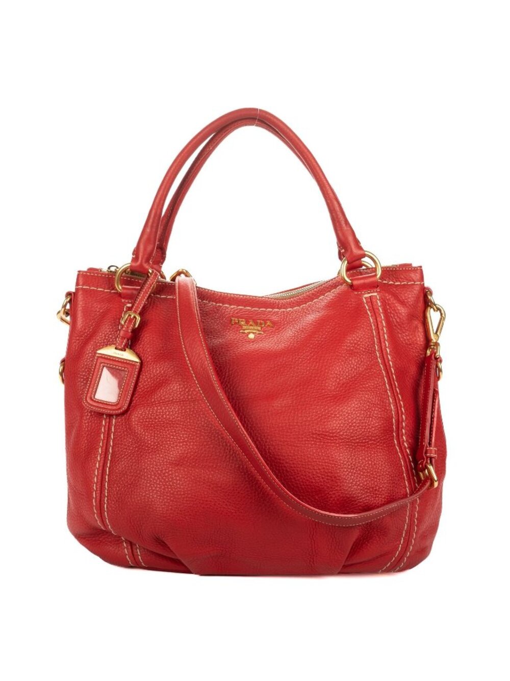 Prada Convertible Zip Tote Bag Red Vitello Daino
